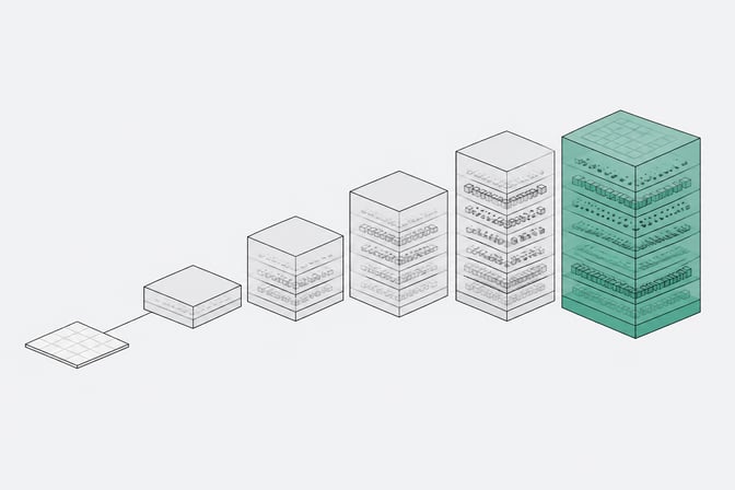 A flat predictive tile connects to a rising sequence of increasingly layered, volumetric cubes, illustrating the shift from predicting a single token to simulating a full world state.