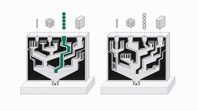 Two identical AI-model units shown in cutaway with different internal task-routing lattices, one channel highlighted in accent color to show how task shape determines the path through each system.