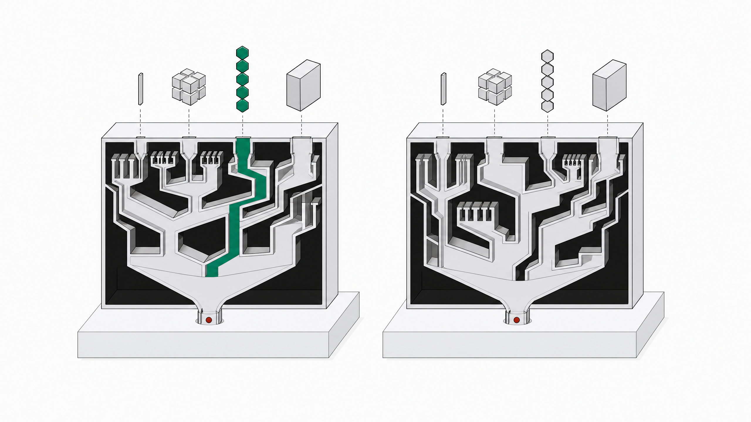 Two identical AI-model units shown in cutaway with different internal task-routing lattices, one channel highlighted in accent color to show how task shape determines the path through each system.