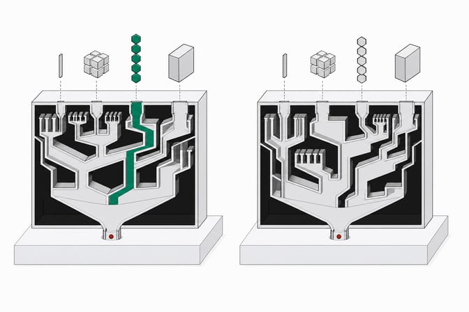 Two identical AI-model units shown in cutaway with different internal task-routing lattices, one channel highlighted in accent color to show how task shape determines the path through each system.