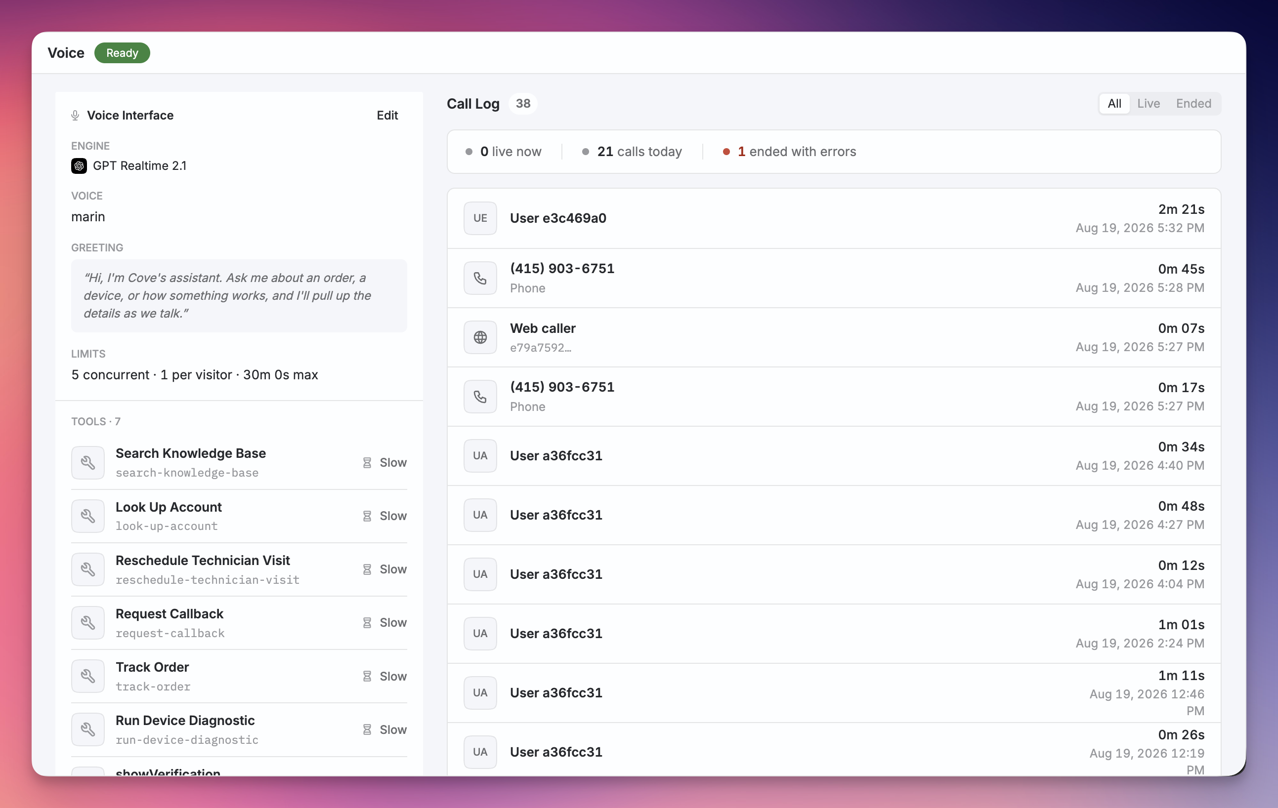 Voice in the Remy dashboard